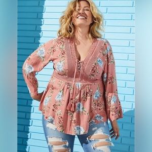 Torrid Babydoll Gauze Crochet Trim Lace-Up Top Pink Floral Size 3X
